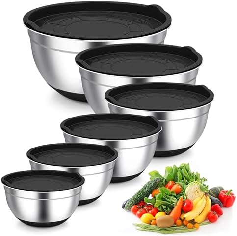 TeamFar Mixing Bowls, Stainless Steel Salad Bowls with Lids - Black