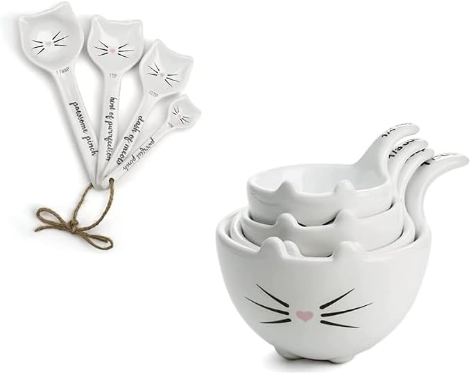 White Cat Measuring Cups & Spoons Gift Set – Ceramic Kitchen Tools by VOTUM