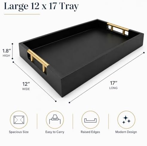 Luxury Black Ottoman Tray with Gold Handles – 12x17 Large Decorative