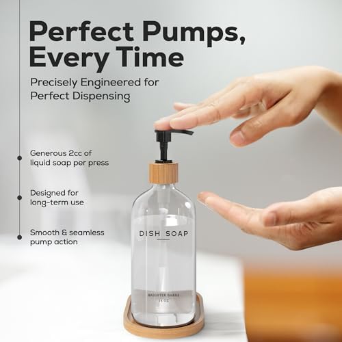 Brighter Barns Clear Glass Dish Soap Dispenser with Bamboo Tray