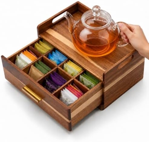 Acacia Wood Tea Bag Organizer for Countertop, Tea Holder Organizer