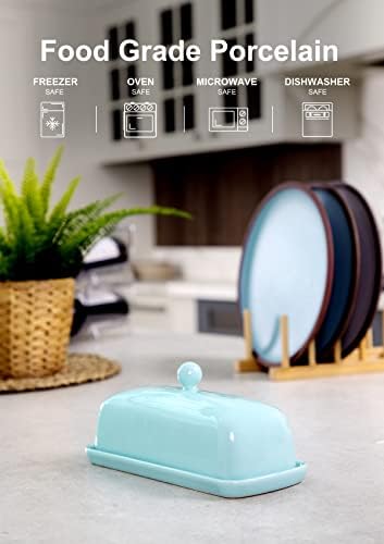 Ceramic Butter Dish with Lid for Countertop, Non-Slip Strip, Lake Blue