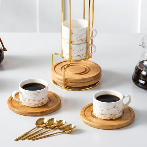 YOLIFE 3 OZ Stackable Porcelain Espresso Cups and Bamboo Saucers Set