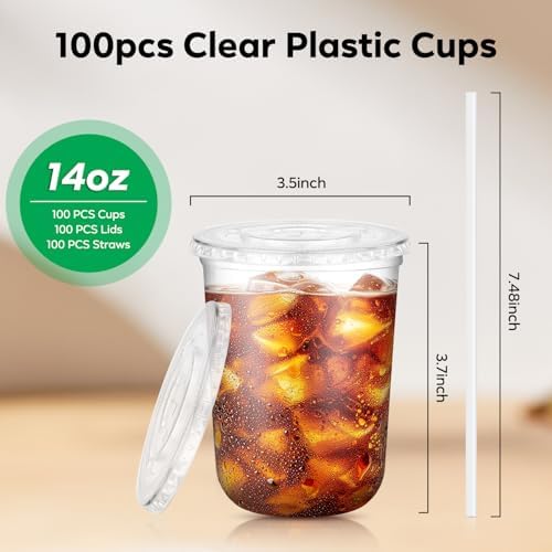 100 Pack 14 oz Plastic Cups with Lids, Clear Small Coffee Cups with