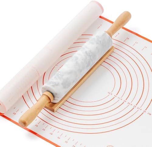 Marble Rolling Pin with Non-Stick Silicone Mat & Wood Base, 16.9-Inch