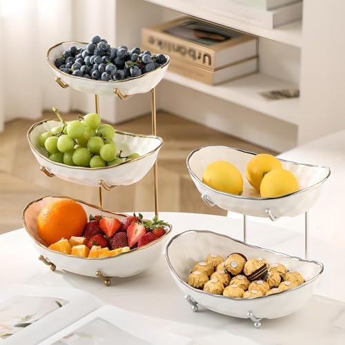 YYW 3 Tier Fruit Bowl for Kitchen Counter, White Ceramic Fruit Basket for Countertop, Home Fruit Stand with Metal Holder, Vegetable Bowl Snacks Nuts Bread Candy Storage (Gold 3-layer)