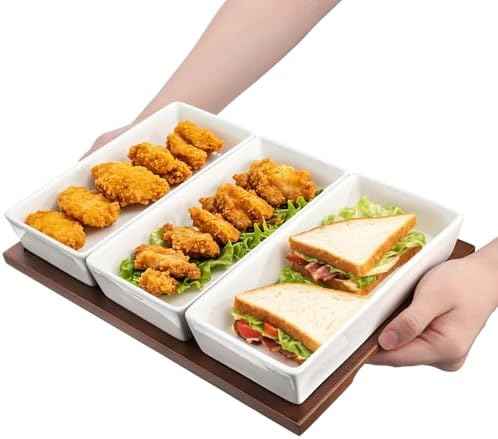 Elsjoy 3-Section Serving Tray, Wood Divided Serving Dish with Ceramic Bowls, 3-Compartment Food Platter Dipping Tray for Appetizer, Fruits, Bread