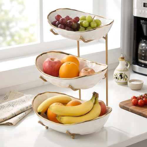 YYW 3 Tier Fruit Bowl for Kitchen Counter, White Ceramic Fruit Basket for Countertop, Home Fruit Stand with Metal Holder, Vegetable Bowl Snacks Nuts Bread Candy Storage (Gold 3-layer)