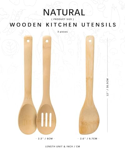 Wooden Spoons for Cooking, 3-Piece Bamboo Cooking Utensil Set