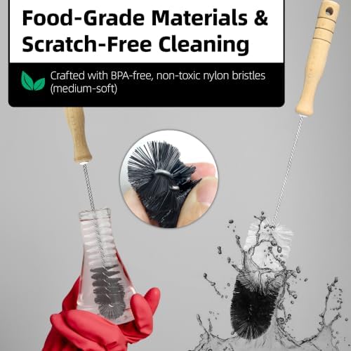 2 Pcs Bottle Brushes Set with Wooden Handle, Long Thin Flexible