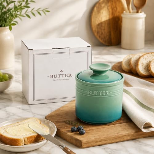Ceramic French Butter Crock with Lid, Green
