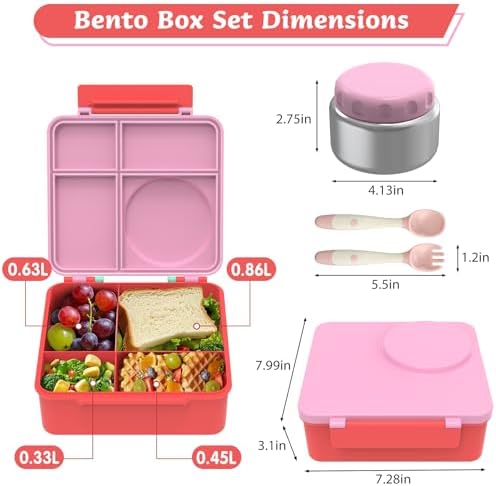 Bento Lunch Box Set for Kids, 8oz Soup Thermo, Pink