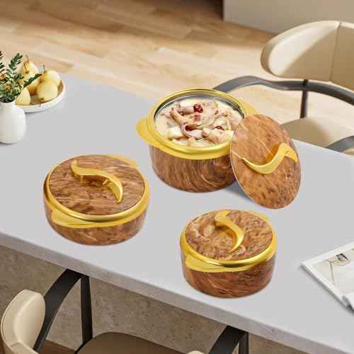 3-Piece Thermal Dish Set with Lids, Insulated Stainless Steel Container, Serving Bowl & Casserole Dish, Round Yellow & Gold, 0.4/0.53/0.66gal, 4H Insulation for Hot & Cold Food