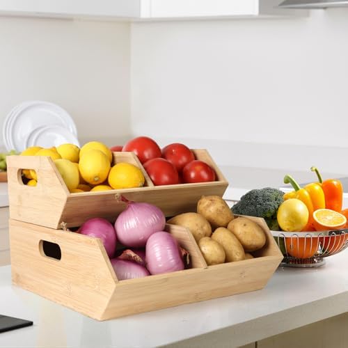 Bamboo Pantry Organizers and Storage Bins, 2 Set Stackable Baskets for