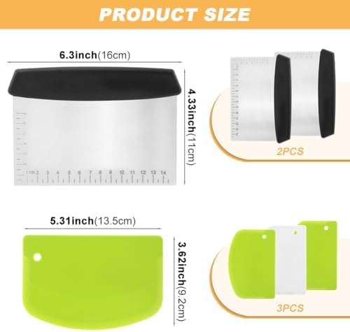 Bench Scraper Set 5pcs, Stainless Steel Dough Cutter w/Scale+Bowl