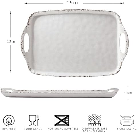 Farmhouse White Melamine Serving Tray with Handles, Set of 2