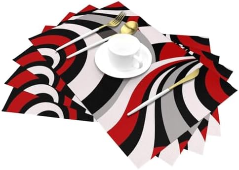 Black Red Retro Modern Swirl Linen Placemats Set of 4, Washable Heat