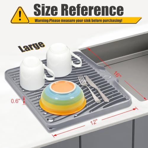 TIKNIK Silicone Dish Drying Mat for Kitchen Counter, Grey-1pcs, 16" x