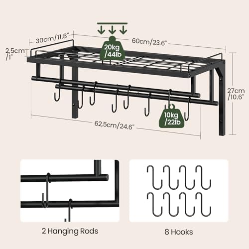 CHOEZON Hanging Pot Rack, Wall-Mounted Pot Rack, Kitchen Cookware Organizer, Metal Pot and pan Organizer Holder, for Cookware, Utensils Organization, Black TPR37BB