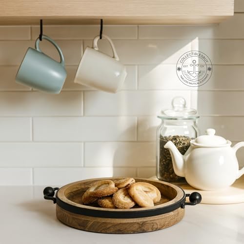 12 Inch Round Wooden Serving Tray with Metal Handles Rustic Natural