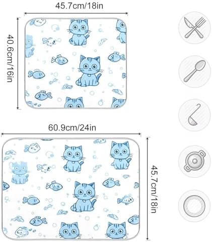 OTVEE Underwater Cat Print Dish Drying Mat for Kitchen Counter