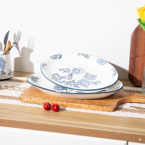 Ceramic Serving Platter, Large Oval Dinner Plates, Blue and White, Set
