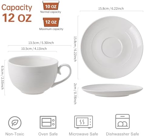 12 oz Cappuccino Cups with Saucers, Ceramic Coffee Cups Set of 4
