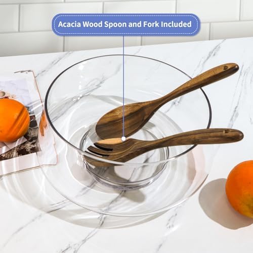 MOLIGOU Large Glass Salad Bowl with Acacia Wood Serving Utensils