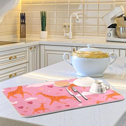 OTVEE Pink Giraffe Art Dish Drying Mat for Kitchen Counter Absorbent