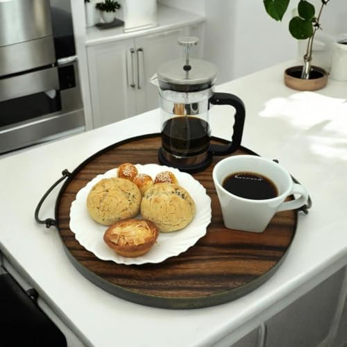 Round Acacia Wood Serving Tray, Handles, 14", Rustic Farmhouse Ottoman