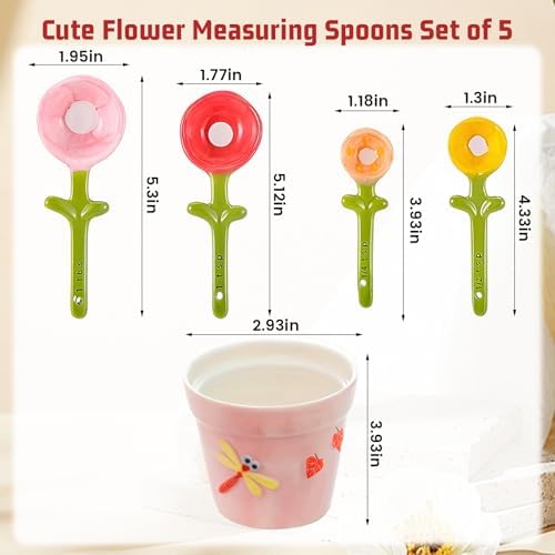 5 Set Ceramic Flower Measuring Spoons with Pot Holder