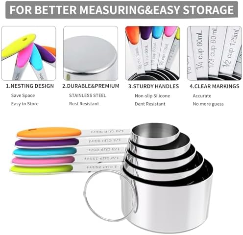 TILUCK Nesting Measuring Cups and Spoons Set, Stainless Steel with