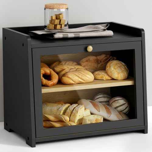 Goozii Bread Box for Kitchen Countertop, 2 Tier Large Breadbox Modern Black
