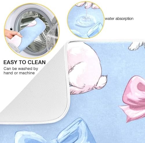 OTVEE Blue Bunny Art Dish Drying Mat for Kitchen Counter Absorbent