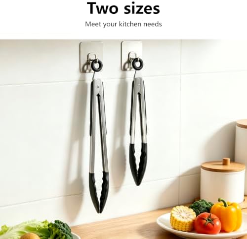 Set of 2 Tipped Stainless Steel Tongs, 12 and 9 Inch, Black