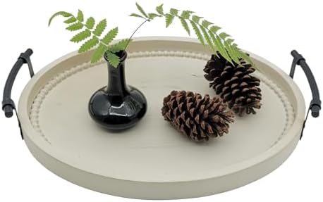 Oval Rustic Wooden Decorative Tray, Serving Tray with Metal Handles