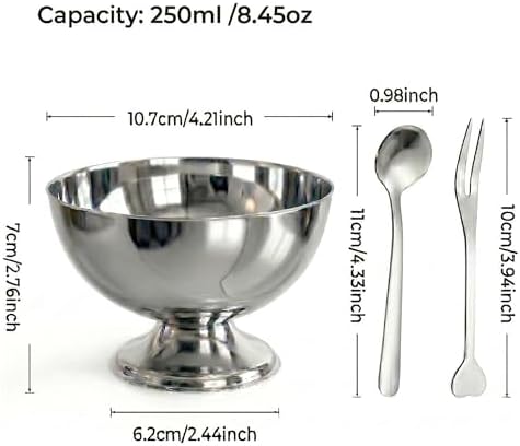 Silver Stainless Steel Dessert Cups - with Forks & Spoons,8.45 Oz,Set