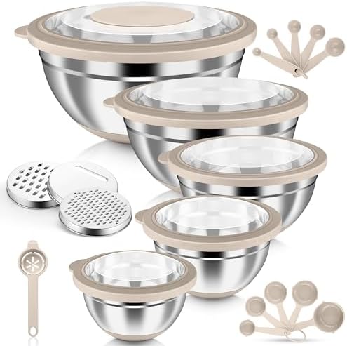 HaWare Stainless Steel Mixing Bowls with Airtight Clear Lids, Khaki