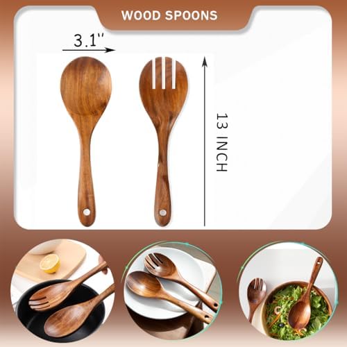 Teak Wood Salad Serving Spoon and Spork 13-Inch, Large Wooden Salad
