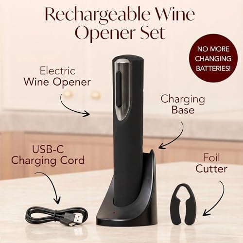 Rechargeable Electric Wine Bottle Opener - Charging Base and Foil