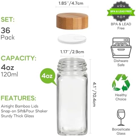 4oz Glass Spice Jars with Bamboo Lids, 36 Pack Square Seasoning