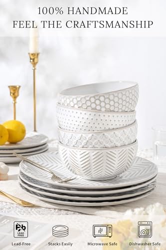 FOBENTA 32-Piece Luxury Dinnerware Set,Complete Plates and Bowls Set for 8,Upscale Ceramic Dish Set for Hosting, Holidays & Family Gatherings–Microwave & Dishwasher Safe