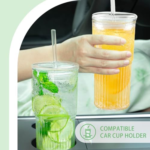 Luiaiog 20 oz Glass Cups with Lids and Straws Set of 2, Ribbed Glass