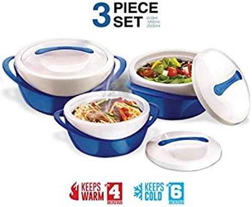 Pinnacle Insulated Casserole Dish with Lid 3 pc. set 2.6/1.25/.6 qt. Elegant Hot Pot Food Warmer/Cooler - Large Thermal Soup/Salad Serving Bowl- Stainless Steel –Best Gift Set for Moms –Holidays Blue