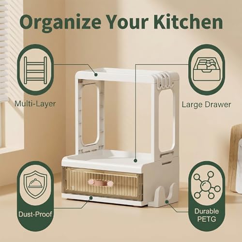 White Tabletop Spice Organizer with Hooks and Slot, Kitchen Countertop
