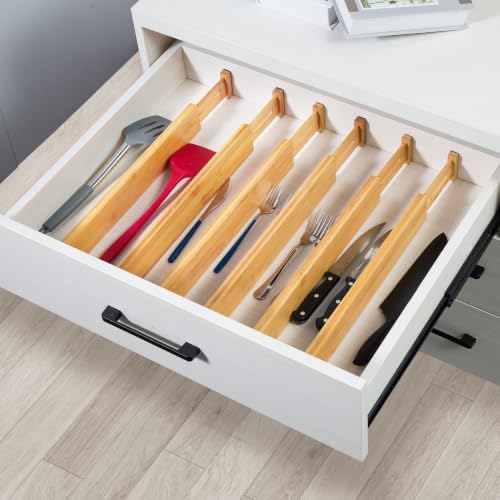 VaeFae 6-Pack Adjustable Bamboo Drawer Dividers, Expandable Drawer