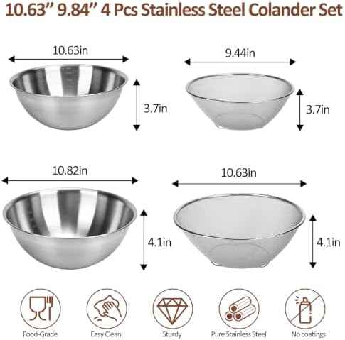 10.63’’ 9.84’’ Stainless Steel Colander Set Strainer Bowl, 4 PCS