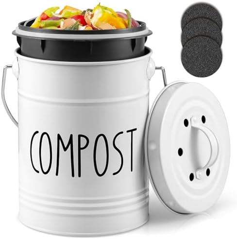 Kitchen Compost Bin, 1 Gallon Countertop Bin with Lid, White