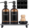 Kitchen Soap Dispenser Set, 16 Oz, Amber Glass