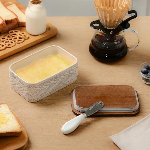 Ceramic Butter Dish with Lid and Knife, Textured Beige Pattern
